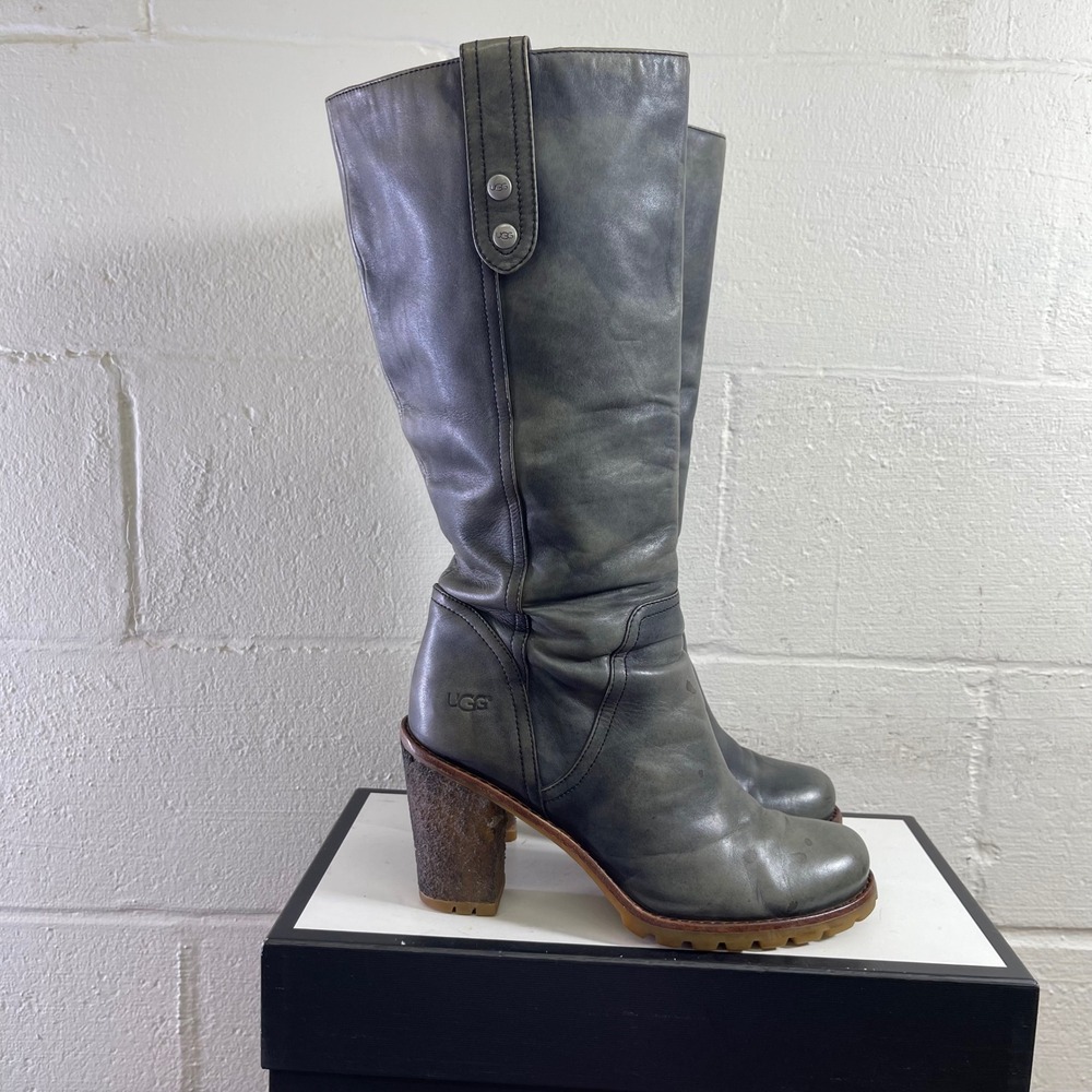 UGG Josie II Gray Leather Tall Boots Block Heel Lug Sole Pull On Women's Size 8